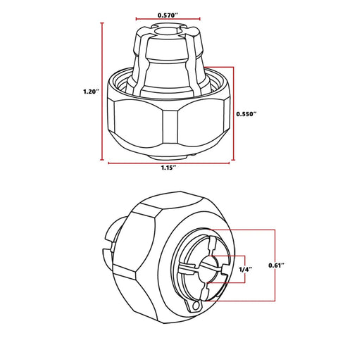 Quarter Inch Router Collet Replacement For Porter Cable Fits 690 6302 6902 RC025PC detailed dimensions illustration.