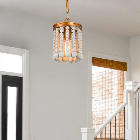 Beaded Chandelier Farmhouse Pendant Light With Antique Gold Finish And White Wood Beads For Dining Room Foyer Bedroom Or Kitchen 6 Inch Diameter Boho Chic Warm Glow For Cozy Modern Rustic Spaces hanging in foyer