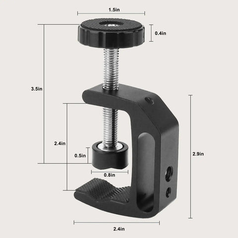 Dimensions of Two Pack Universal C Clamp Set with 1/4 Inch and 3/8 Inch Thread Holes for Desktop Mounts, adjustable grip 0.36 to 2 inch.