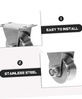 Image showing the side view of 2 Pack Stainless Steel Pulley Track Wheel Set For Sliding Gate Guide Roller, labeled easy to install, durable.