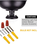 Farmhouse Black Semi Flush Mount Ceiling Light Fixture 2 Pack with install accessories, matte black finish, bulb not included