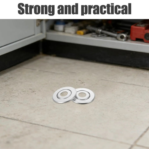 Close-up of two silver metal fire sprinkler trim rings on floor, part of 18 Pack Rock Solid Metal Fire Sprinkler Trim Rings Heavy Duty Escutcheon Plates Silver Dual Layer Heat Resistant Cup Covers Pro Grade Installation Hardware For Residential And Commercial Jobs.