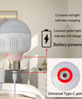 Battery-powered light bulb with Type-C port, showing charging indicators for Handwoven Bamboo Pendant Light With Battery And Remote.