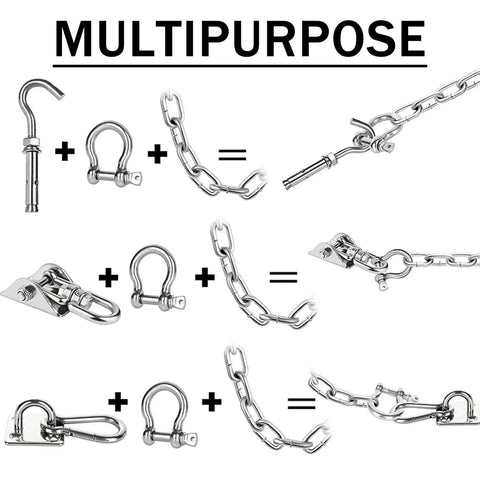 4 Pack 304 Stainless Steel Bow Shackle With Screw Pin Tough As Nails Heavy Duty D Ring Anchor Quick Secure Rigging For Marine Decking And Outdoor Construction Chain Links assembly diagram showing various connections with shackles, hooks, and chains.
