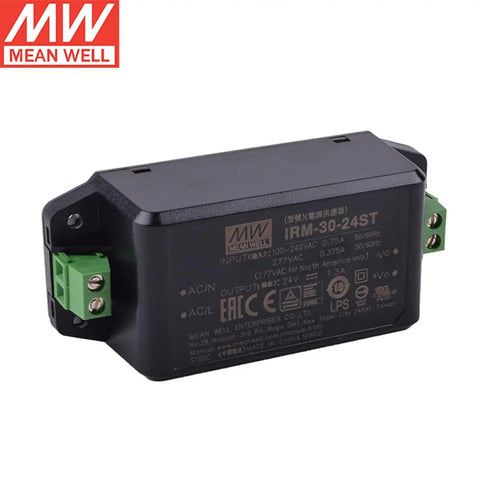 Oblique view of Beefy 30W AC-DC Power Module With 5V Output For PCB Mount Or Screw Terminal 5V 6A IRM-30-5ST showing connectors.