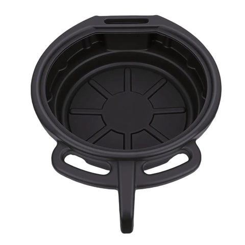 Heavy Duty 10L Oil Drain Pan With Big Capacity Black PP Plastic showing interior and handle for fluid collection during lube jobs.