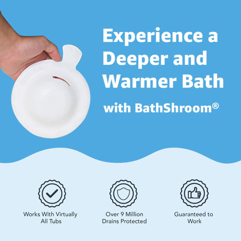 Hand holding white overflow drain cover for deeper warmer baths with no fuss suction cups universal fit spa accessory easy install