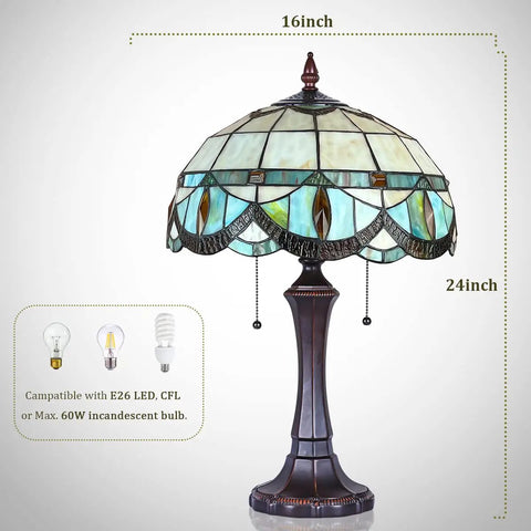 Cream Crystal Tiffany Style Table Lamp With Stained Glass Shade 16x16x24 Inches Vintage Desk Lamp for Living Room Decor