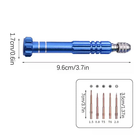 Blue screwdriver with multiple bits, part of All In One Metal Watch Repair Tool Kit With 51 Pieces Including Band Link Pin Remover Back Case Opener