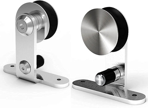 Sliding Barn Door Hangers Set 2pcs Stainless Steel No Track T Shape Compatible For All Sliding Barn Doors With Ultra Quiet Nylon Roller Wheels And High Quality Gcr15 Bearings To Deliver Smooth Glide And Reduced Friction