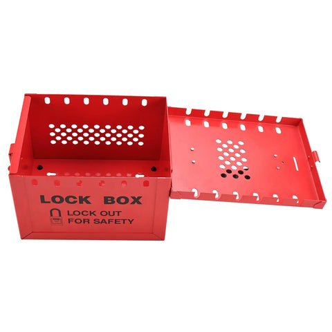 Heavy Duty Lockout Tagout Box for Group Lockout, 12 Padlock Capacity, Industrial Grade Steel, Red Portable LOTO Lock Box open view