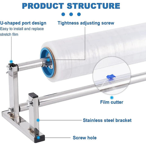 Product structure of Stainless Steel Tabletop Stretch Film Dispenser With Film Slide Cutter showing components and features.