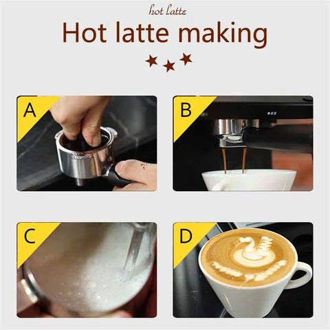 Compact Semi Automatic Coffee Maker With Milk Frother making hot latte in four steps, showing coffee preparation and frothing.