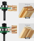 Pro Tongue And Groove Router Bit Set 1/4 Inch Shank With 3 Teeth Adjustable T Shape Wood Milling Cutter shown creating grooves