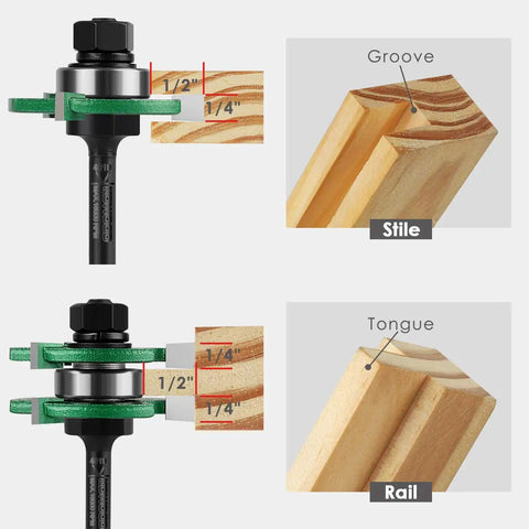Pro Tongue And Groove Router Bit Set 1/4 Inch Shank With 3 Teeth Adjustable T Shape Wood Milling Cutter shown creating grooves