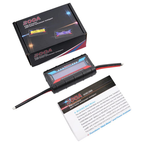 200A High Precision Power Analyzer And Multi Meter For DIY DC Power Projects That Reads Volts Amps And Watts With 8V To 60V Range Bright Blue Backlit LCD And 12 Gauge Lead Wires For Accurate Readings And Troubleshooting, black unit with box and manual