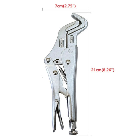 Heavy Duty Parrot Nose Locking Pliers For Welding Grip Clamping Pipes And Bolts With Adjustable Serrated Jaws For Vehicle Body Repair And Shop Maintenance Hand Tool Workhorse, 21cm metal pliers shown with serrated jaws.