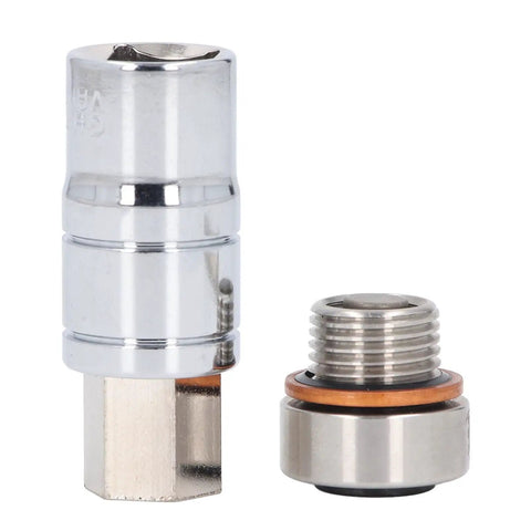 Premium M16x1.5 Oil Pan Drain Plug Set With Stainless Steel Screw, Extension Bit And Wrench For Engine Sump Thread Repair Fix To Get Your Car Back In Gear. chrome stainless steel M16x1.5 oil pan drain plug set with threaded adapter and sealing ring