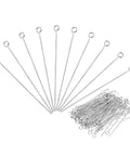 100 Pcs 304 Stainless Steel Jewelry Eye Pins 70mm 22 Gauge Silver Open Eye Pins For Jewelry Making DIY Craft Necklaces Bracelets Earrings Beading Links arranged with loose pins