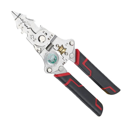 Heavy Duty Electrician Wire Stripper Tools With Built In Voltage Tester And Crimping Pliers, ergonomic design, close-up view.