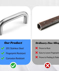 Comparison of brushed stainless steel cabinet pulls 5 inch hole center with zinc alloy showing benefits.