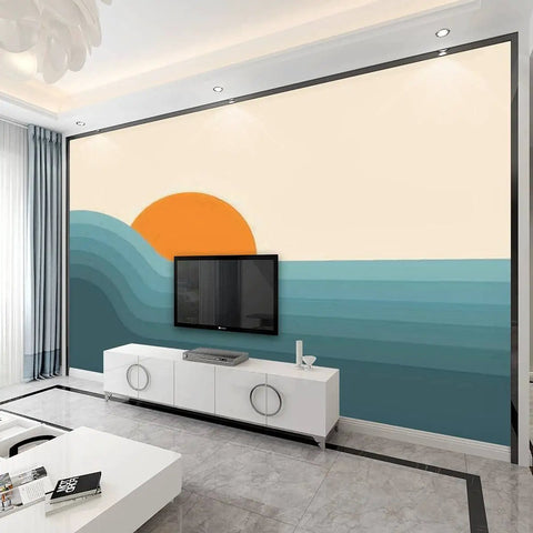 Peel And Stick 3D Retro Sunset Landscape Wall Mural In Mid Century Graphic Style Removable Wallpaper for living room