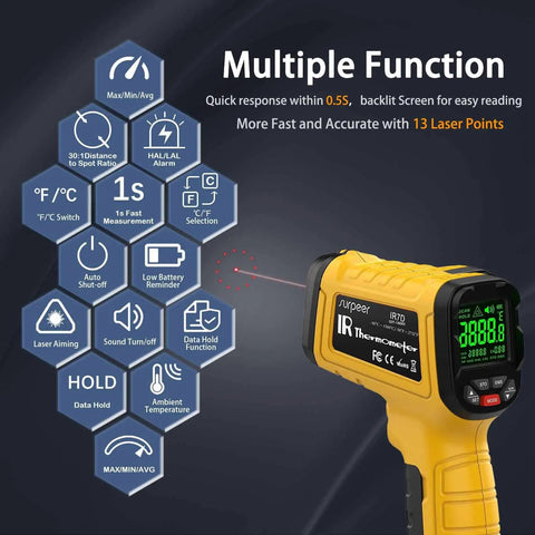 Infrared Temperature Gun With 50 To 1 Distance To Spot Ratio Minus 50 C To 1500 C Range About 2 Percent Accuracy Auto Power Off And Low Battery Indicator Non Contact Temperature Readings For Home Garage Workshop yellow handheld infrared thermometer with display and laser aiming