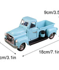 Retro Blue And Red Pickup Truck Decor For Garden And Tabletop Vintage Farmhouse Metal Planter And Storage Truck Perfect Fall Desk Centerpiece, side view showing dimensions 18x9x8 cm.