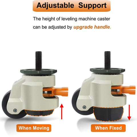 Heavy Duty Leveling Stem Casters Set Of 4 With M12 Threads, adjustable caster wheels showing moving and fixed positions.