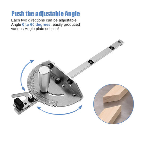 Heavy Duty Aluminum Miter Gauge With Quick Gliding Push Handle And Twenty Seven Degree Angle Stops gives precision angle adjustments.