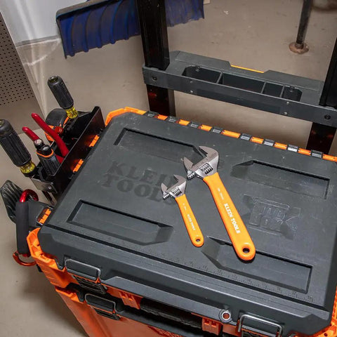 Adjustable Wrench Set With Extra Capacity 6 Inch And 10 Inch Forged Alloy Steel Wrenches Dipped Handles on toolbox lid