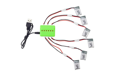 Six Pack 3.7V 220mAh Drone Batteries And Six In One Balance Charger displaying batteries connected to green charger