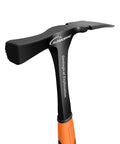 36 Oz Rock Pick Hammer Heavy Duty Masonry and Bricklayer Tool With Comfortable Rubber Grip, side view of hammer head and grip detail.