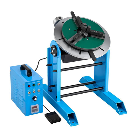 Heavy Duty Rotary Welding Positioner 661 Lbs Load Capacity, Electric Turntable with foot pedal speed control, blue frame.