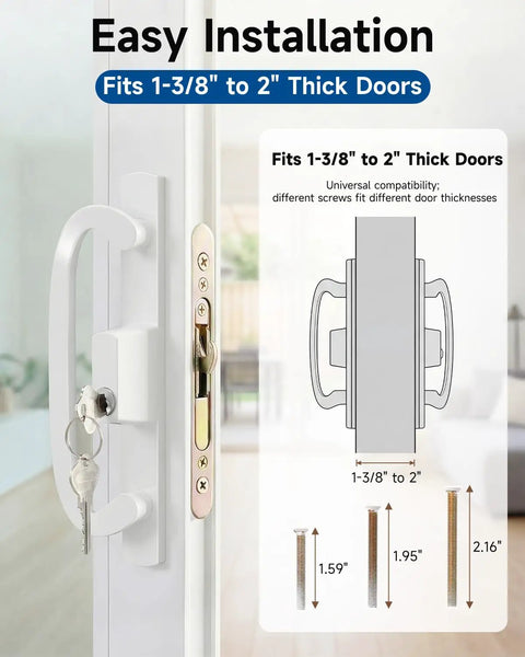 Keyed Sliding Patio Door Handleset With Off Center Thumb Latch And 45 Degree Keyway, diagram showing fit for 1-3/8 to 2 inch doors.