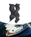 Heavy Duty Double Port Pipe Clamp Clips, 6.25 cm long, fits 22mm and 25.4mm tubes, shown with a boat on water