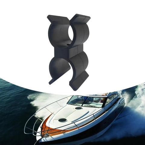 Heavy Duty Double Port Pipe Clamp Clips, 6.25 cm long, fits 22mm and 25.4mm tubes, shown with a boat on water