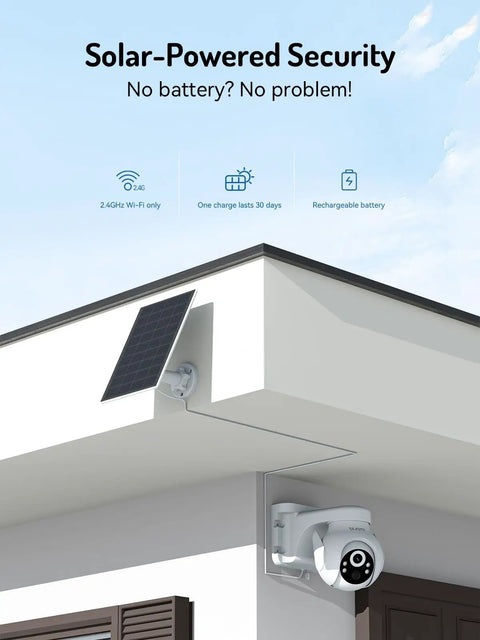 Outdoor 2K Security Camera With 360 Degree PTZ And AI Smart Detection for human, pet, and motion alerts mounted with solar panel.