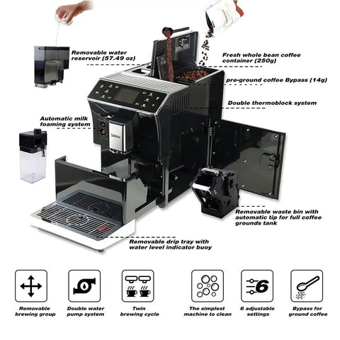 Top Shelf Fully Automatic Espresso Coffee Maker With Integrated Milk Frother Precision Bean Grinder And One Touch Operation For No Sweat Slick Daily Brewing At Home showing removable components and features.
