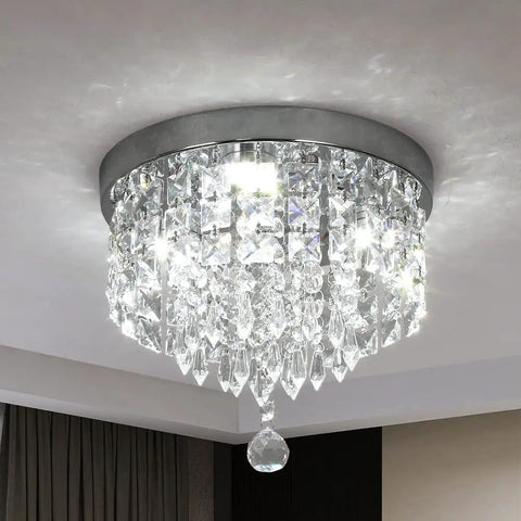 Dope Crystal Chandelier LED Ceiling Light Flush Mount In Stainless Steel With Beaded Shade, sparkling triangular crystals