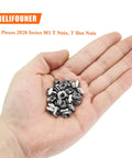 Two Hundred M5 T Slot Nuts For 2020 Aluminum Profile Extrusion in a hand, nickel plated carbon steel material for secure assembly.