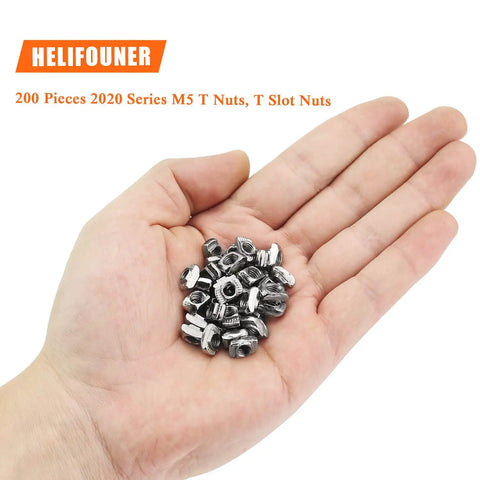 Two Hundred M5 T Slot Nuts For 2020 Aluminum Profile Extrusion in a hand, nickel plated carbon steel material for secure assembly.