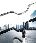 Rugged 54cm Aluminum Alloy Flat Bar Handlebar With 25.4mm Clamp for Mountain Bikes, rise style, shown on bike and separately.