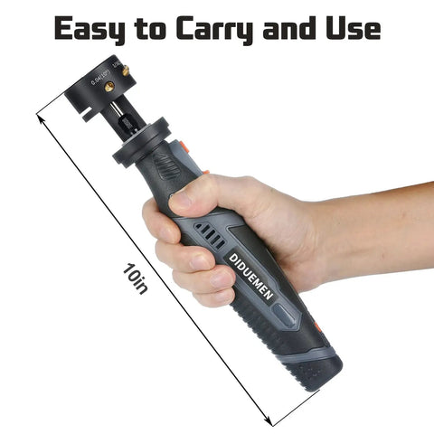 Hand holding 8V Tungsten Electrode Sharpener Cordless Tungsten Grinder For TIG Welding With Flat Grinding Block, 10-inch size
