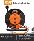 80 Ft Heavy Duty Retractable Extension Cord Reel With 4 Grounded Outlets, 13A Circuit Breaker, Metal Stand, SJTW 14/3 Cord