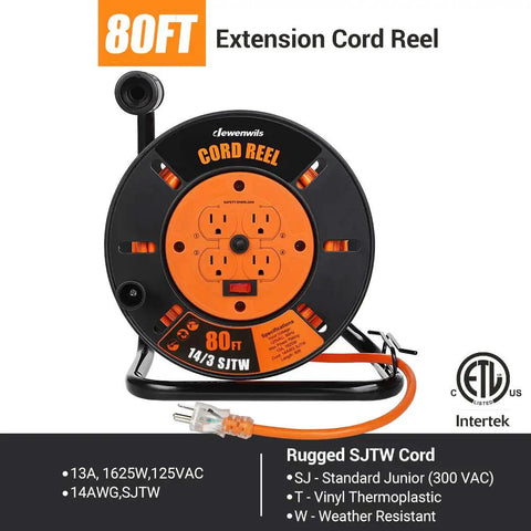 80 Ft Heavy Duty Retractable Extension Cord Reel With 4 Grounded Outlets, 13A Circuit Breaker, Metal Stand, SJTW 14/3 Cord