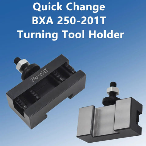 Oversize BXA 250-201T Turning Tool Holder for CNC Lathes, front and side views, showcasing construction and bit capacity.