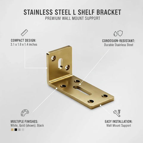 L Shaped Shelf Bracket With Wall Mount Corner Support For Kitchen And Bath Cabinets, Stainless Steel, gold finish, compact design