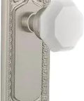 Egg And Dart Plate Waldorf White Milk Glass Door Knob Set With Satin Nickel Finish For Passage Doors Two And Three Quarters Inch Backset