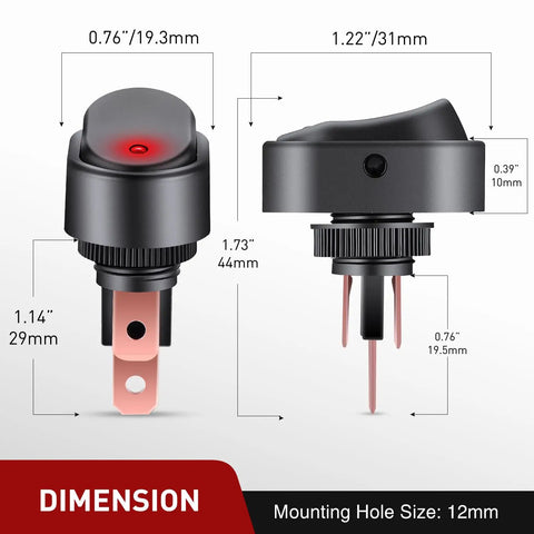 Side and front views of Five Pack LED Lighted Rocker Switch 12V 30A 3 Pin SPST Oval On Off Toggle with red illumination